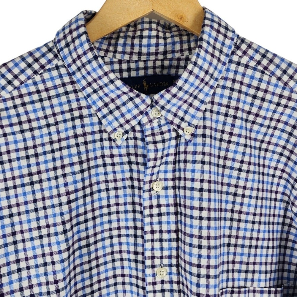 Ralph Lauren Button Down Shirt Mens 2XLT Blue Gingham‎ Plaid Long Sleeve Pony